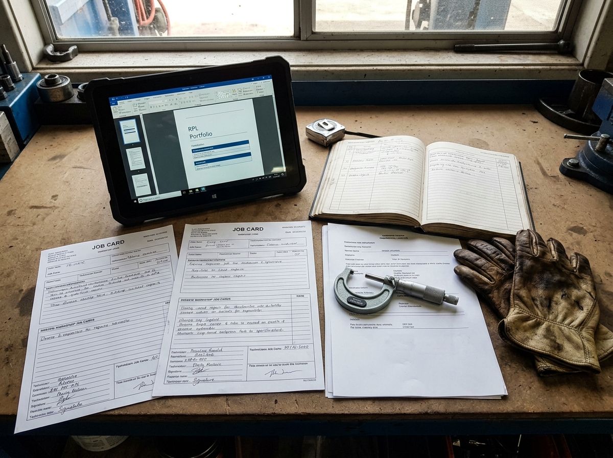 Workplace evidence and documentation prepared for an RPL assessment on a workshop bench.