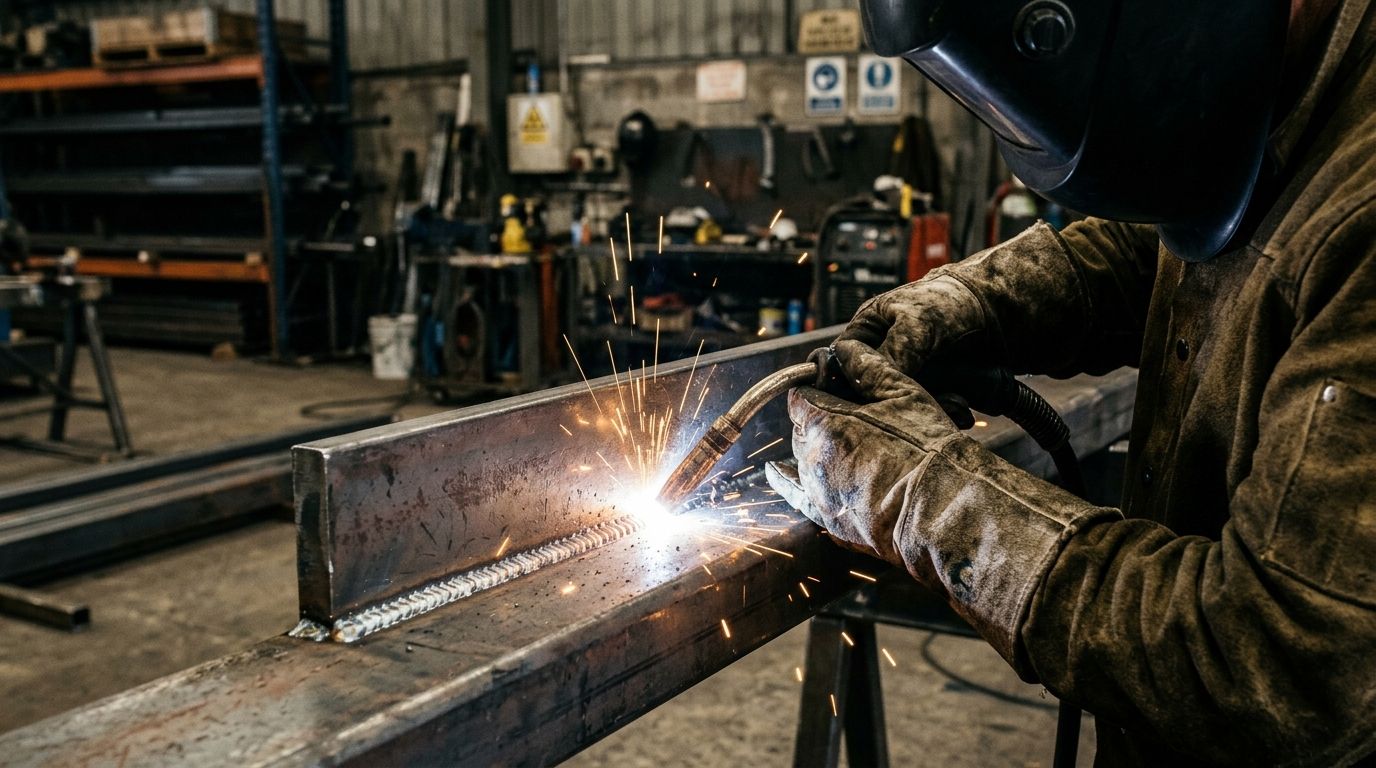 Close-up of a welder's gloved hands running a structural bead on steel plate in an Australian workshop