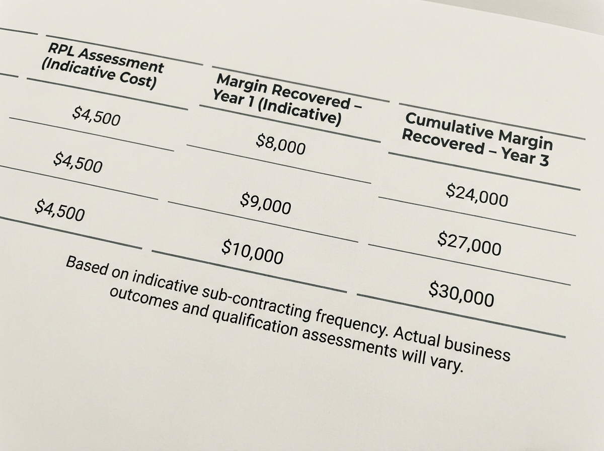 Indicative ROI comparison table of UEE20120 RPL certification versus ongoing outsourcing costs.