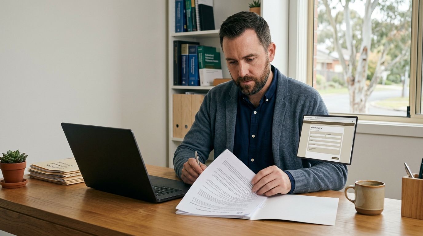 A professional reviewing compliance documentation at a desk in a natural office setting