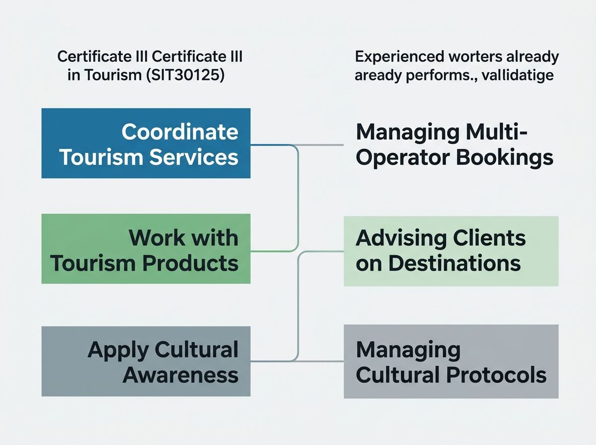 Diagram mapping Certificate III in Tourism SIT30125 units to real workplace tasks