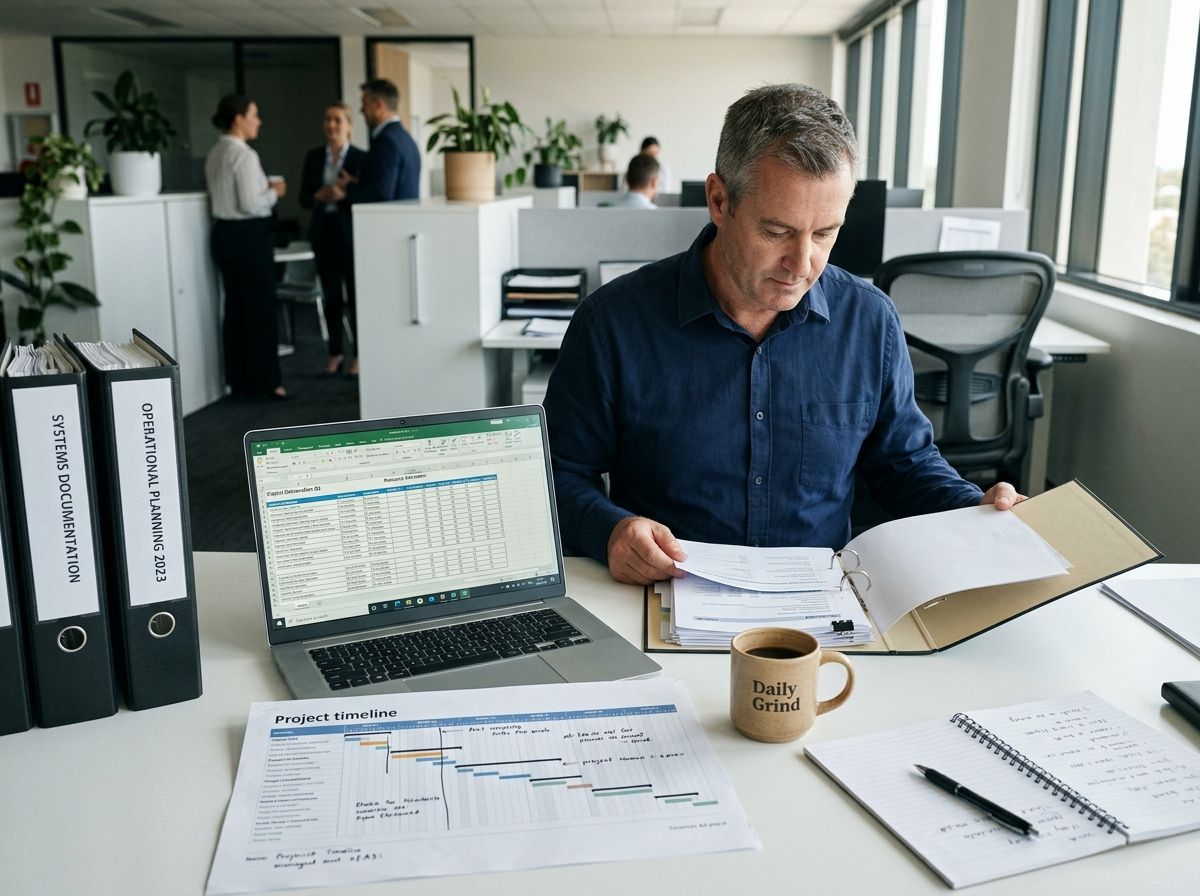 A clean Australian workspace with business reports, a laptop, and project files used as evidence for RPL.