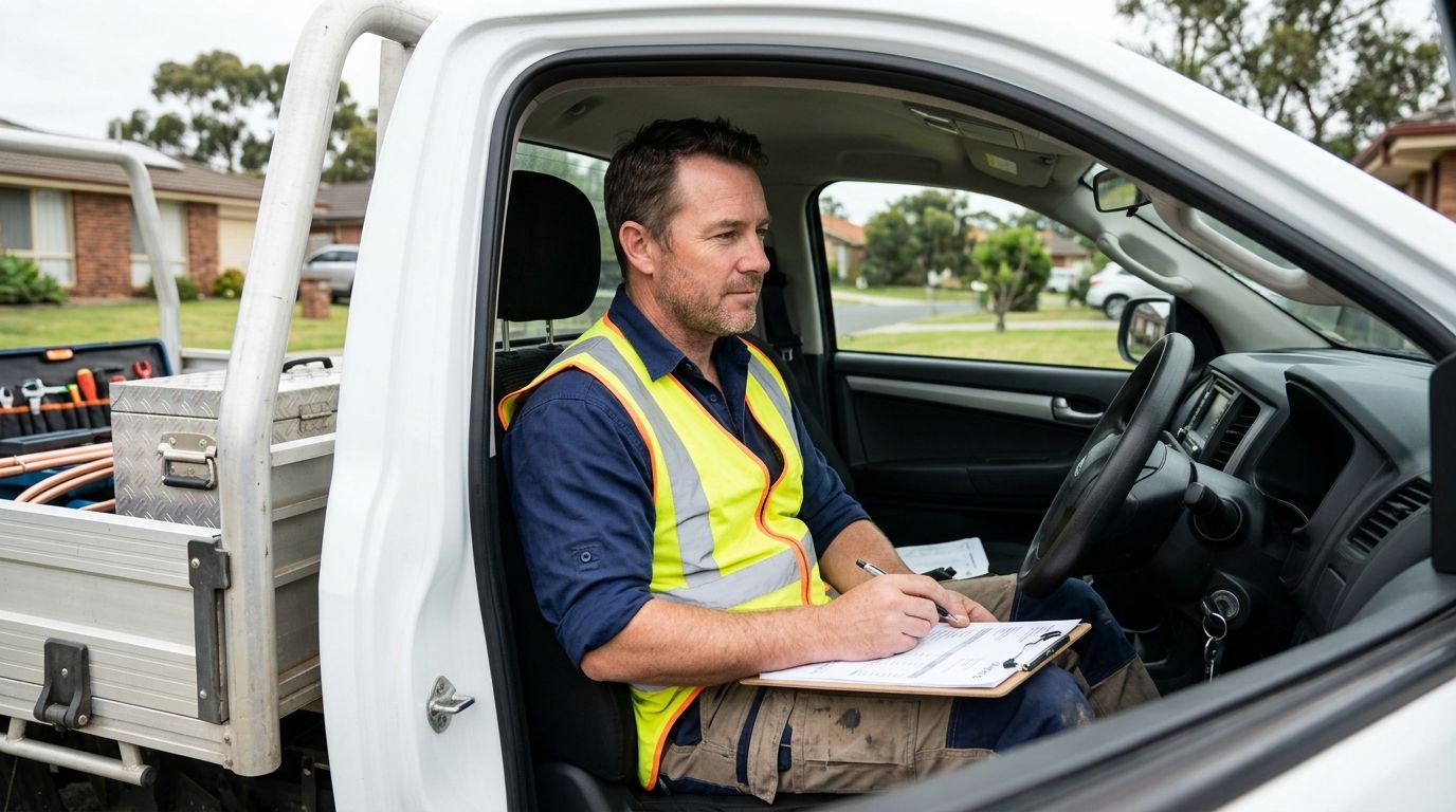 Experienced NSW plumber reviewing business paperwork in a work ute, evaluating licensing requirements.