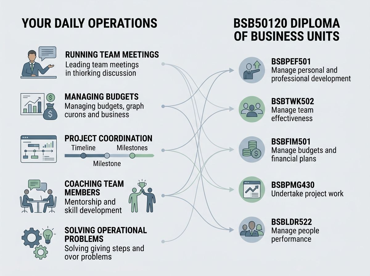 Diagram mapping daily management work like budgeting and team meetings to Diploma of Business RPL competency units.