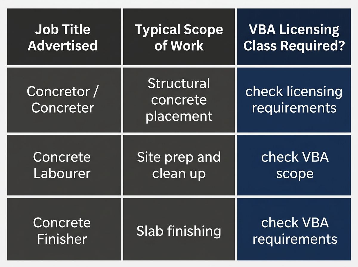 Table comparing Australian concreting job titles and VBA licensing requirements.