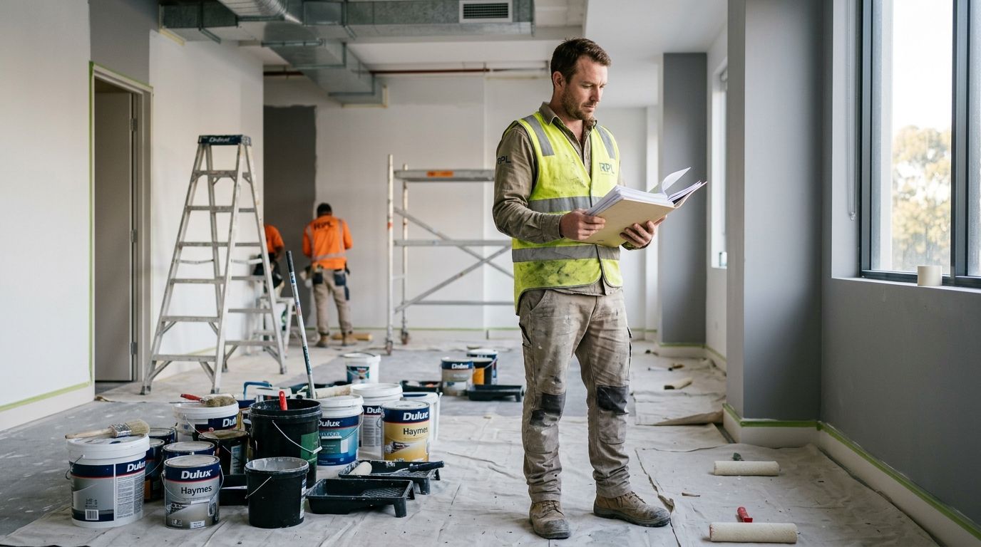 Experienced painter reviewing project files on an Australian commercial work site.