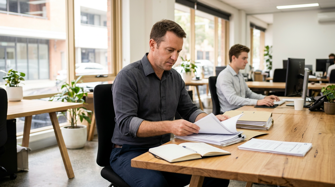 Experienced finance professional reviewing loan files with a younger colleague working in the background.