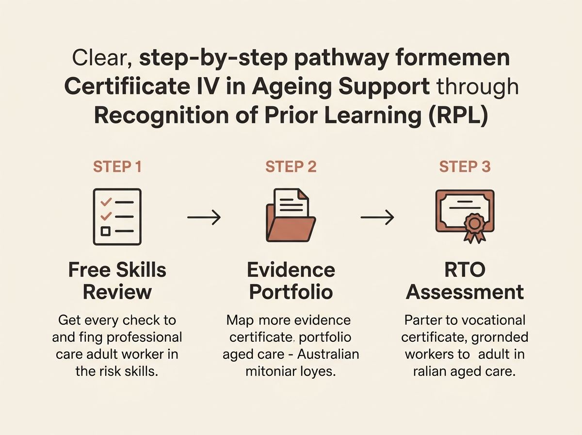 Three-step RPL it aged care process: Free Skills Review, Evidence Portfolio, RTO Assessment.