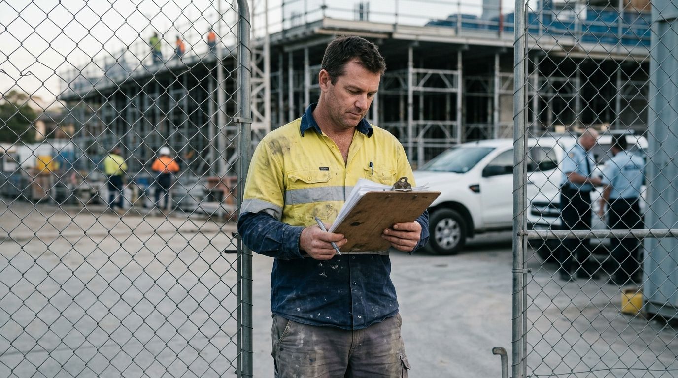 An experienced Australian carpenter standing outside an active construction site gate holding induction paperwork.