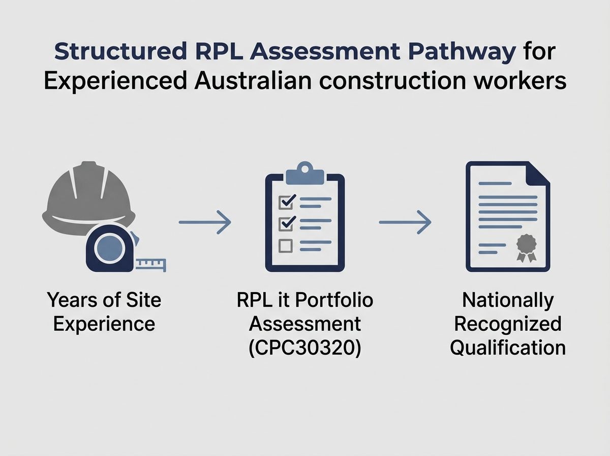 Flow diagram showing the three-step RPL it pathway from site experience to Certificate III in Concreting.