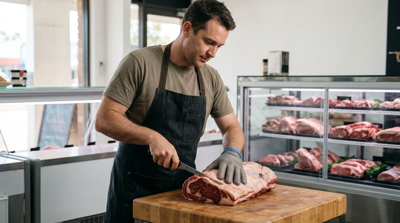 Experienced retail butcher trimming a beef primal cut in an Australian butcher shop.