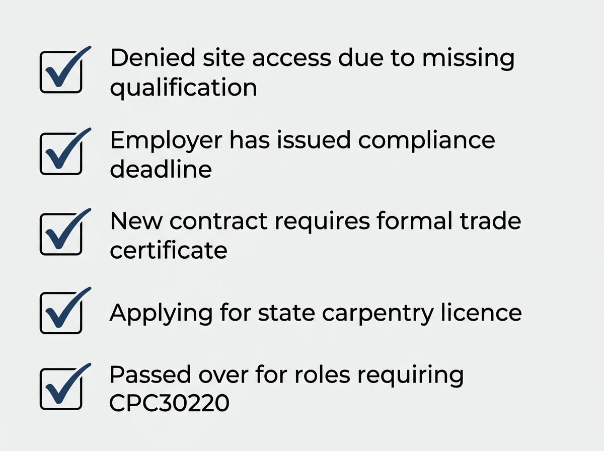 Checklist of carpentry compliance warning signs including site access denial and deadlines