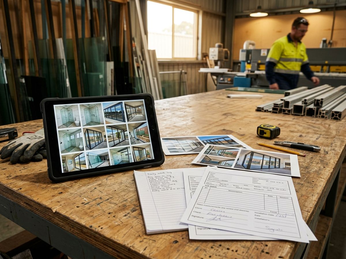 Tablet showing completed glazing project photos alongside job records on a workbench — RPL evidence for MSF30422