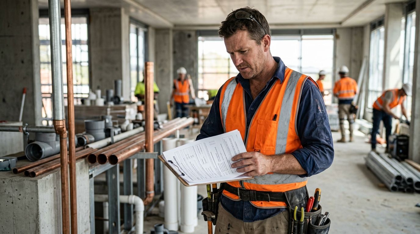 Experienced ACT plumber in hi-vis reviewing a commercial tender document on site