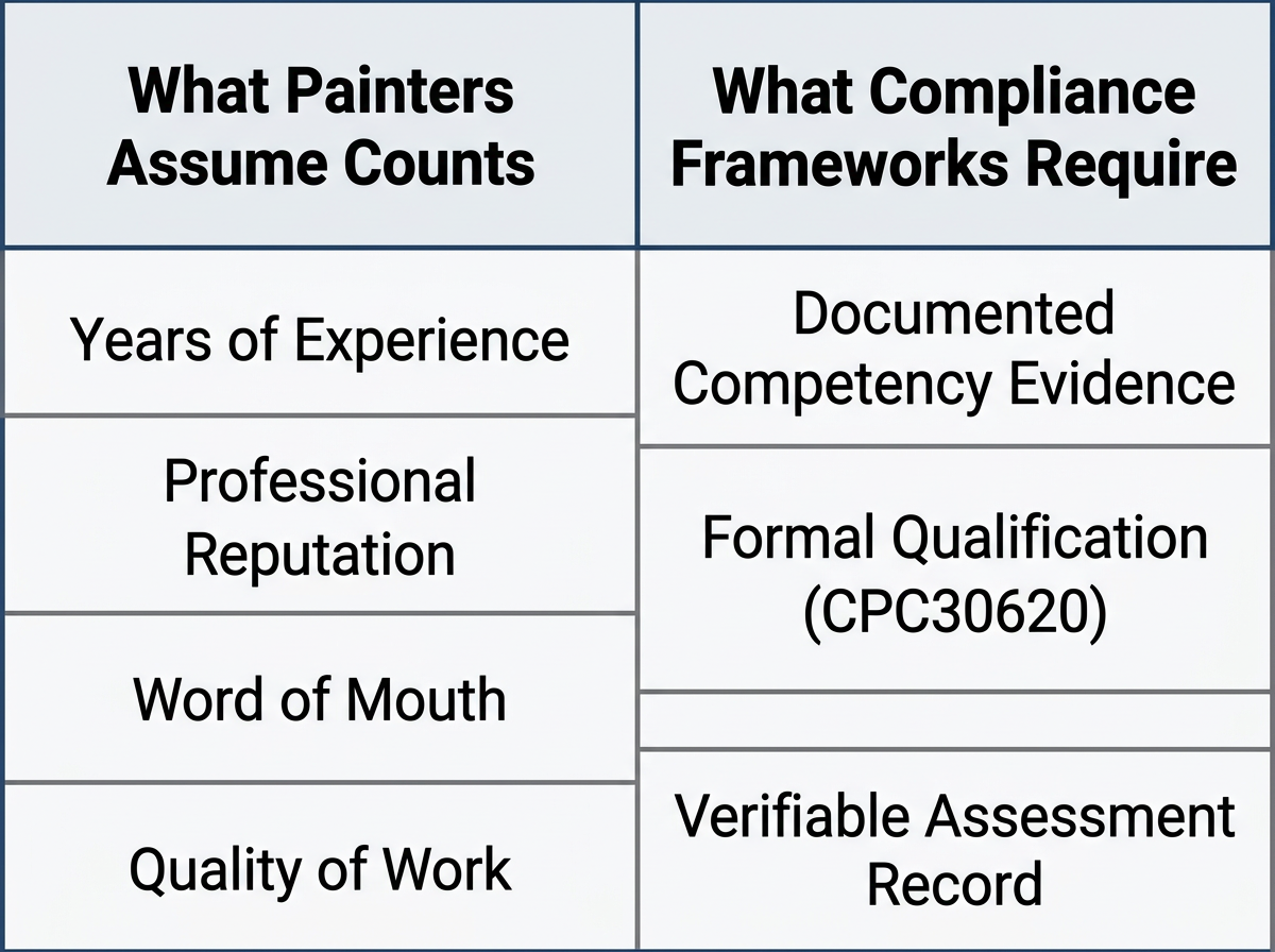 Comparison diagram showing what painters assume counts vs what compliance frameworks actually require for site access.