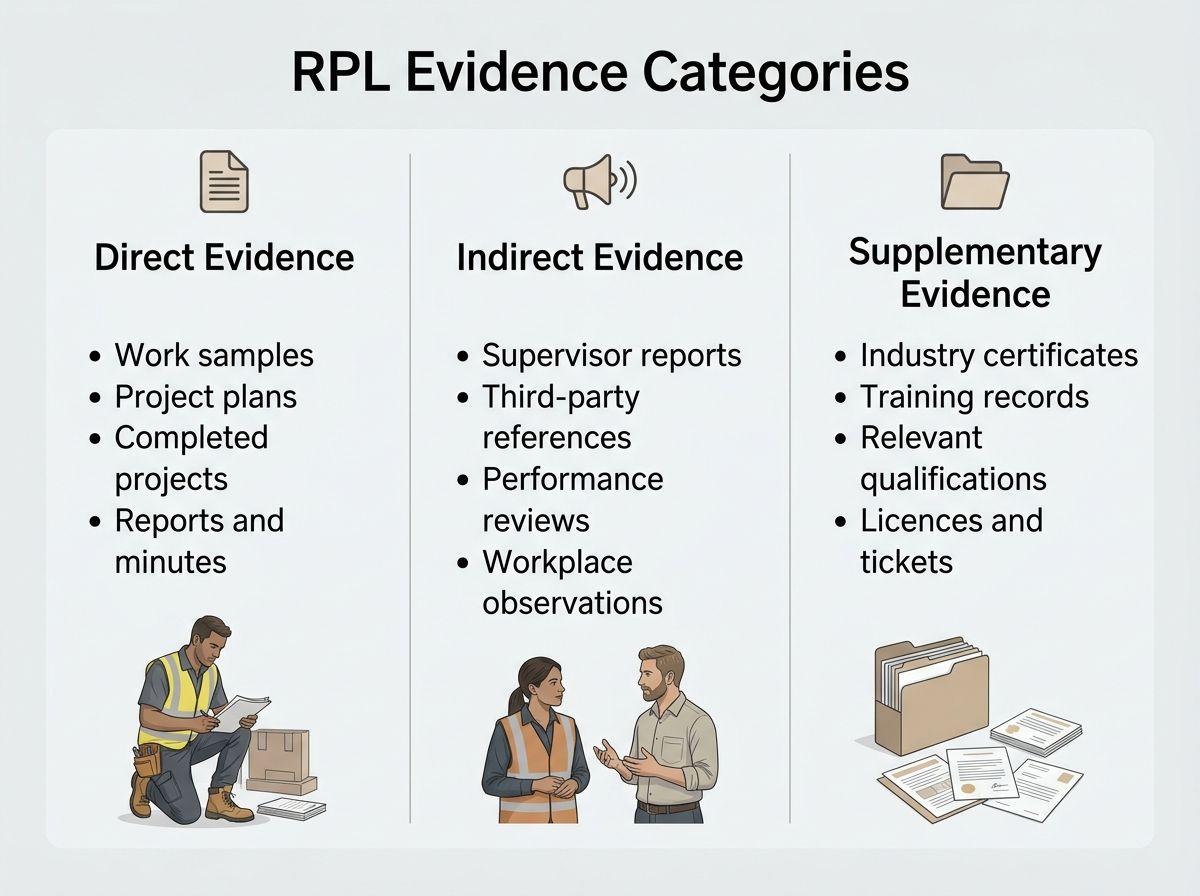 A clean three-column infographic showing the categories of RPL evidence: direct, indirect, and supplementary.