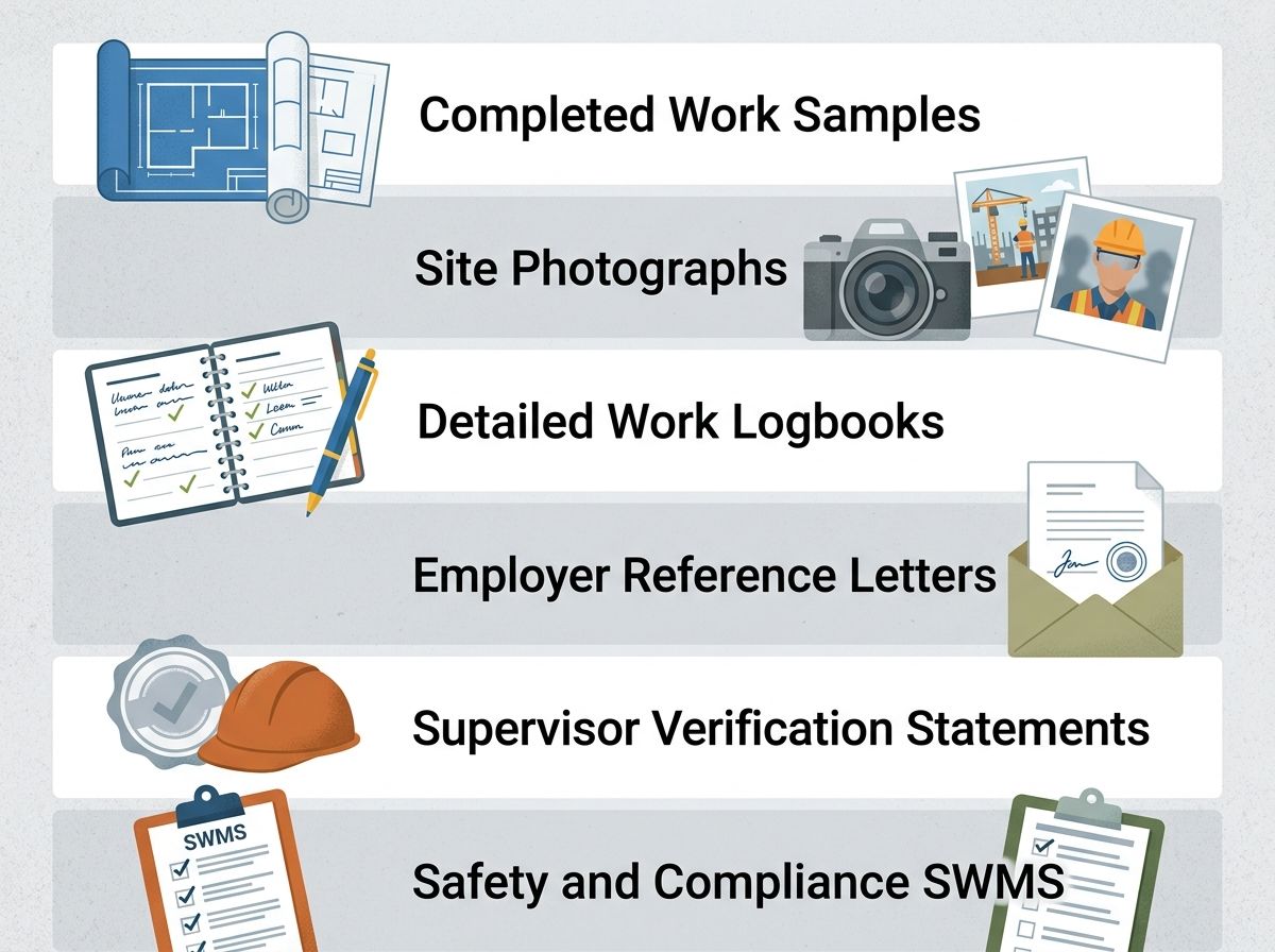 Checklist graphic displaying standard workplace evidence types used for RPL assessments like logbooks and work samples.