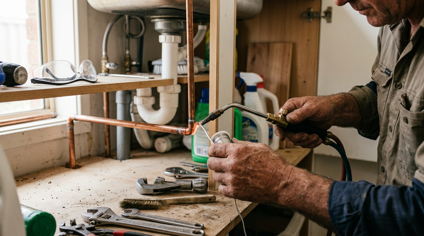 Experienced plumber's hands soldering copper pipes in a residential Australian kitchen.