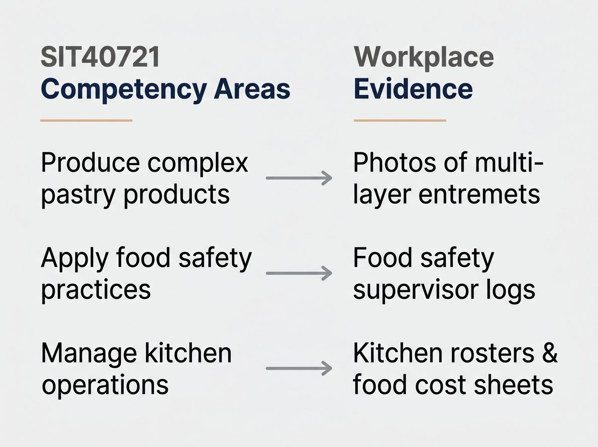 Infographic mapping SIT40721 patisserie competency units to practical commercial kitchen evidence.