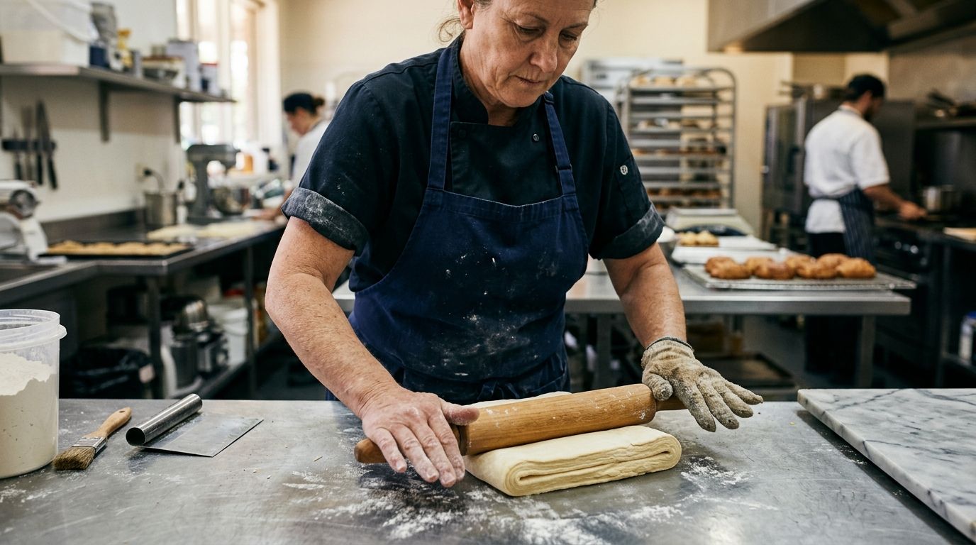 Flour-dusted hands of an experienced pastry cook laminating dough on a commercial kitchen bench