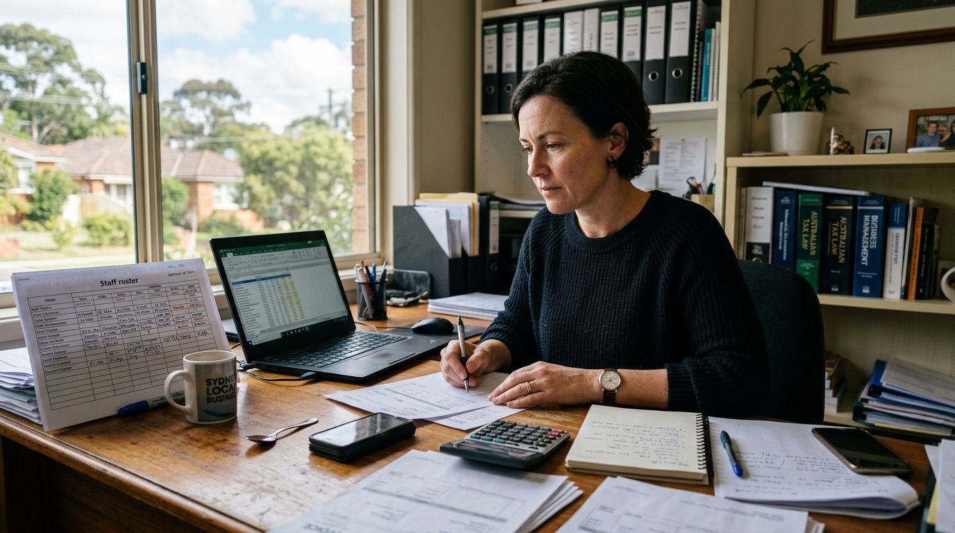 Australian business owner at her desk with operational documents representing her real-world business experience