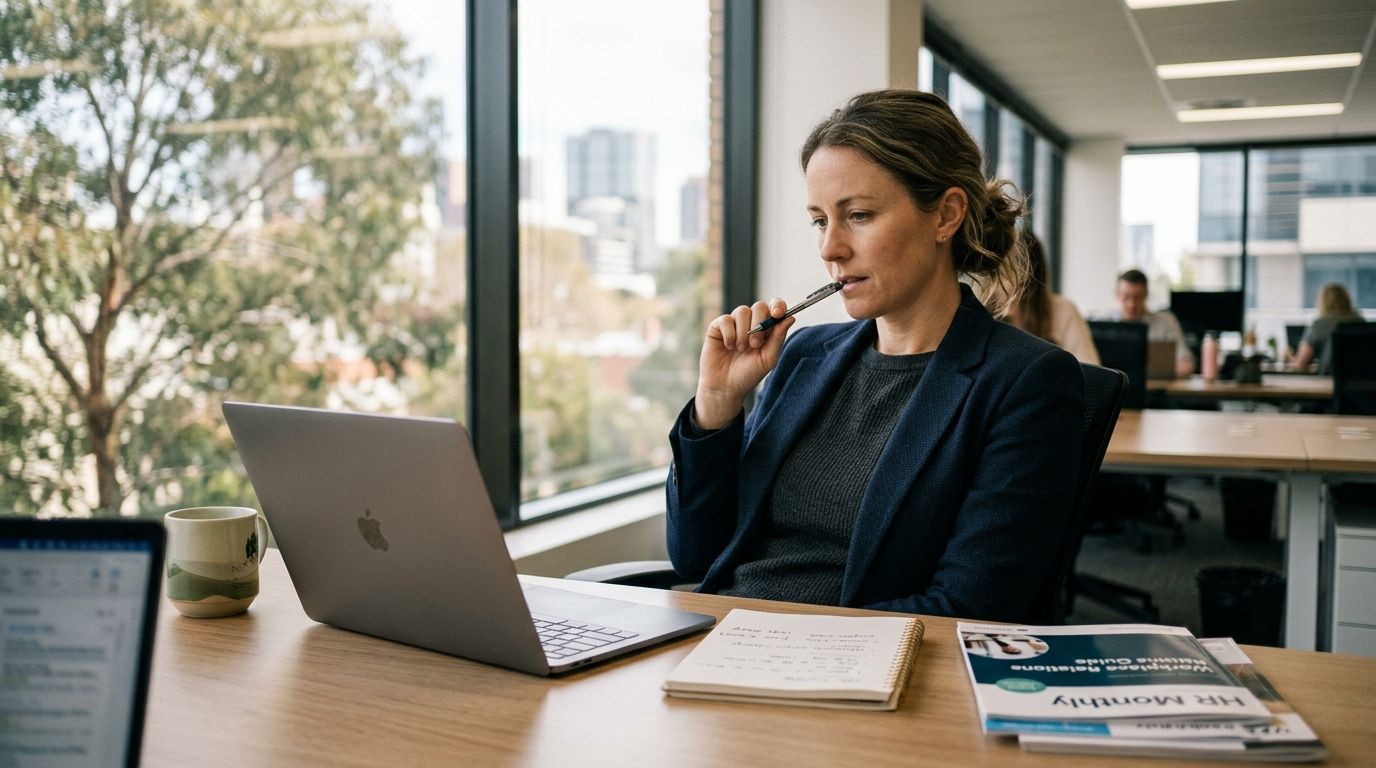 HR professional reflecting at her office desk in Australia, considering her career progression.
