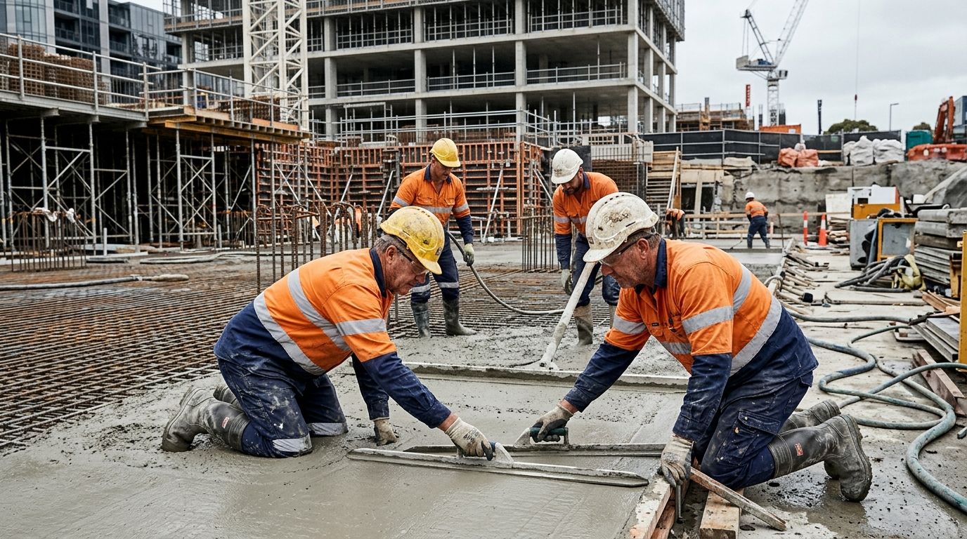Experienced Australian concreting crew finishing a commercial concrete slab in full safety PPE.