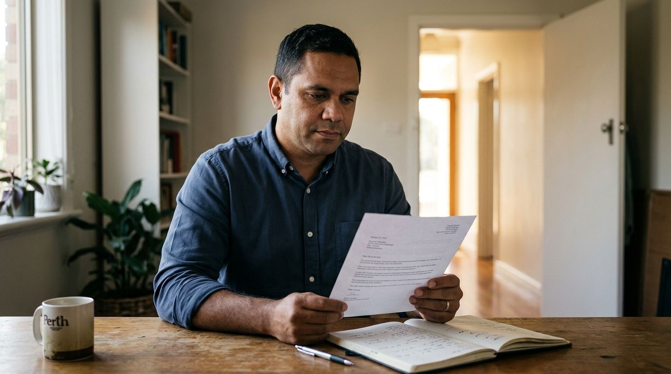 Experienced professional reading a formal application rejection letter at a desk, with an open door and warm light visible i…