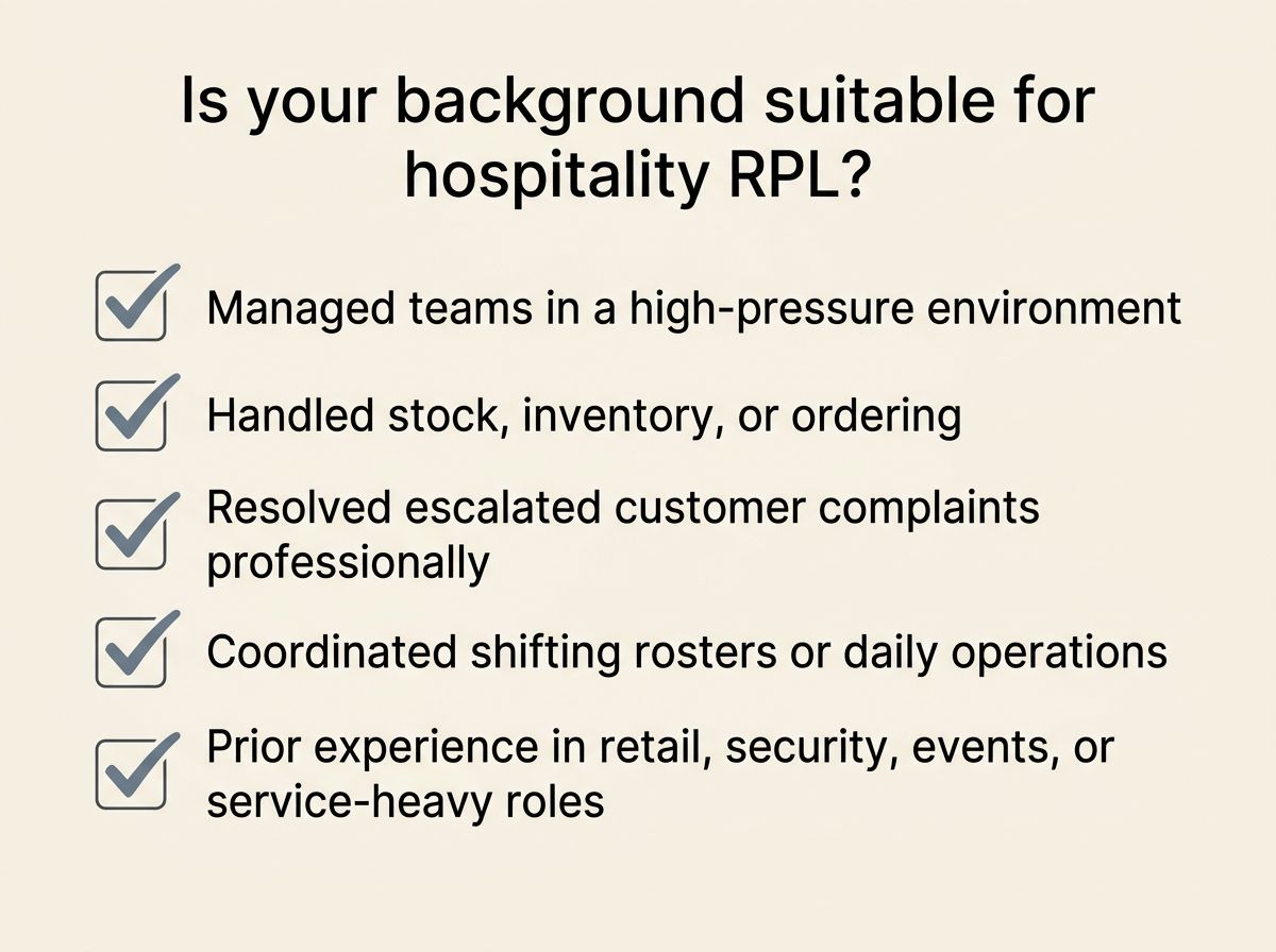 Self-assessment checklist highlighting background suitability requirements for hospitality RPL.