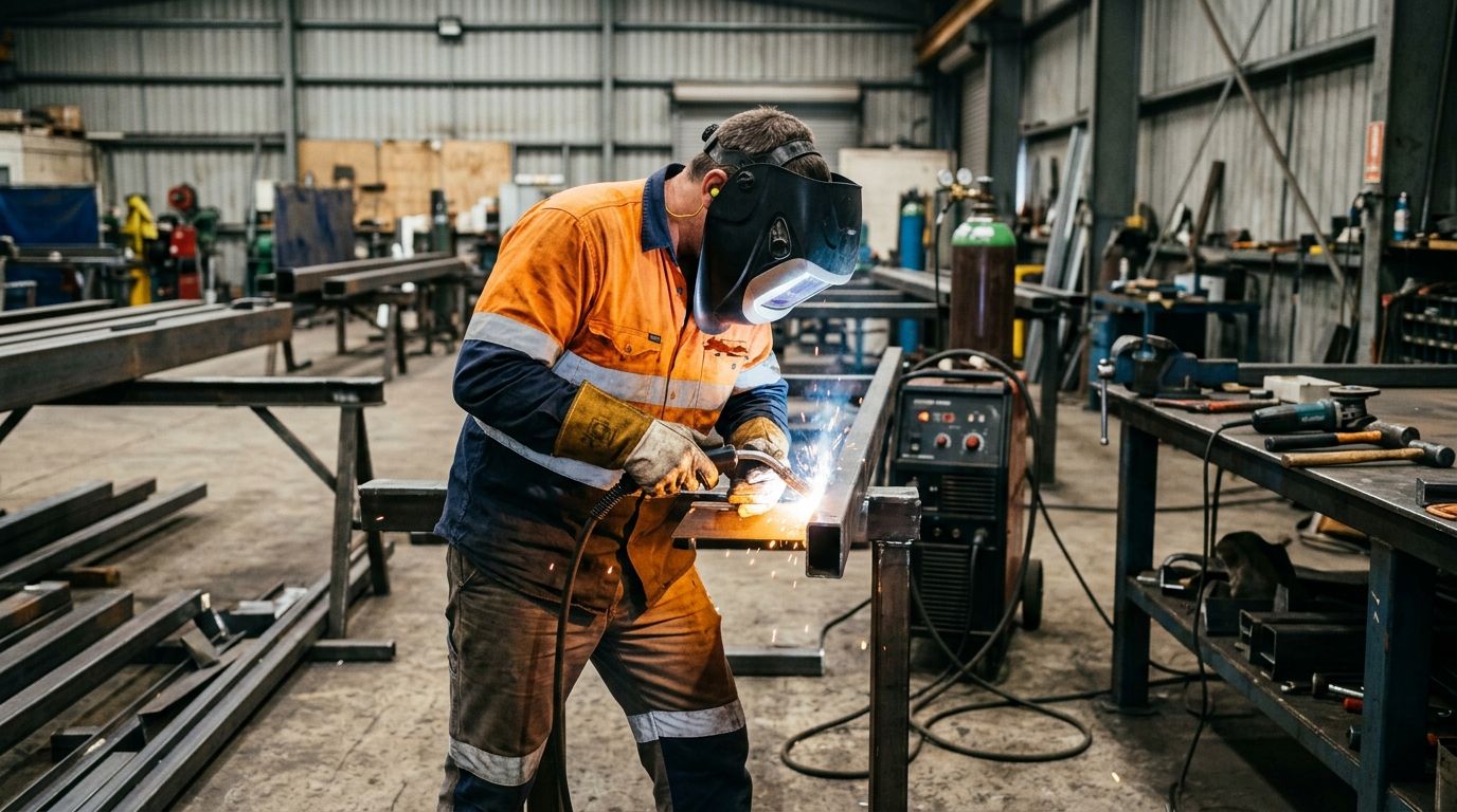Experienced Australian welder in full PPE working on structural steel in an authentic workshop