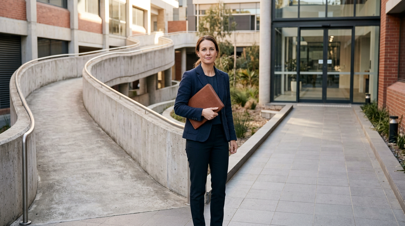 Australian professional considering a direct career pathway over a long winding route in a modern courtyard
