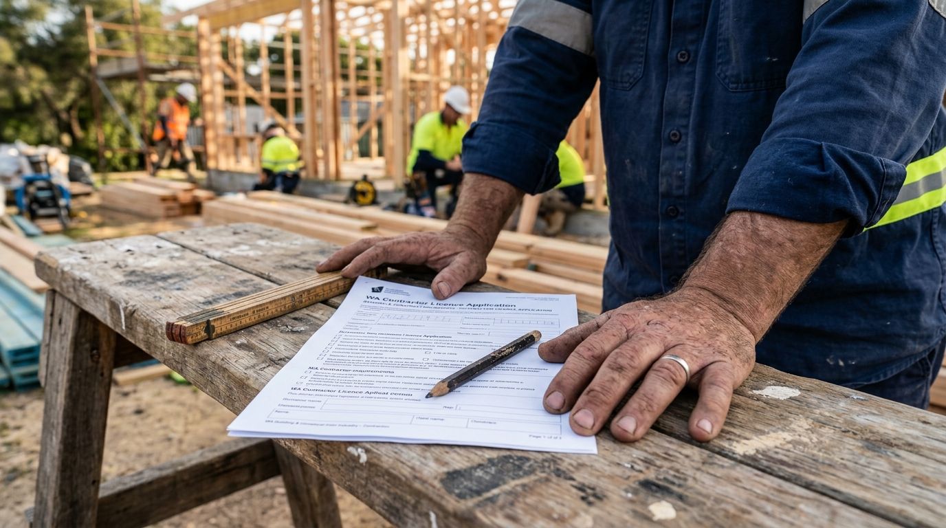 An experienced WA tradesperson's hands next to a contractor licence application on a wooden worktable.