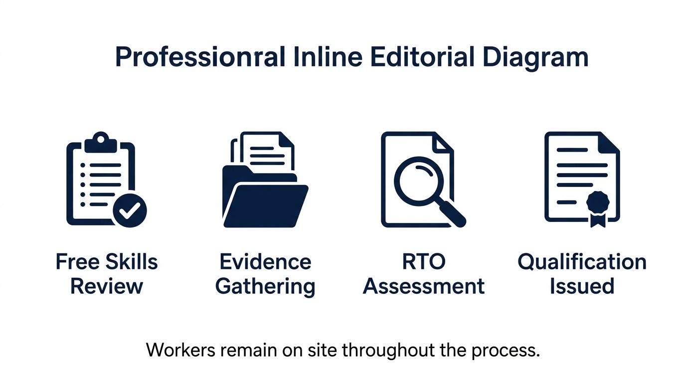Four-step electrician RPL process diagram: Skills Review, Evidence Gathering, RTO Assessment, Qualification Issued