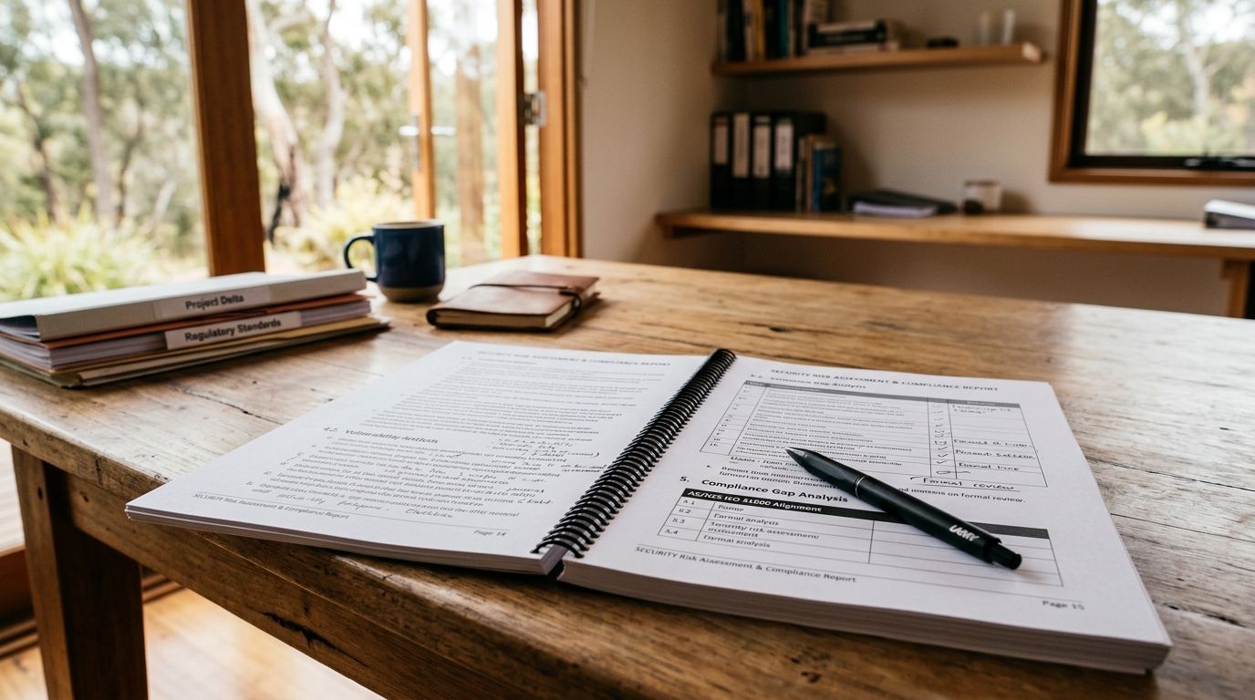 Security risk assessment compliance documentation on a desk, representing the formal qualification gap.