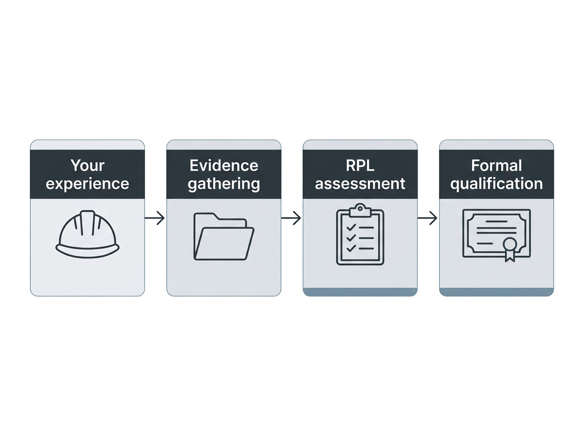 Four-step RPL construction pathway diagram showing experience, evidence gathering, assessment, and formal qualification.