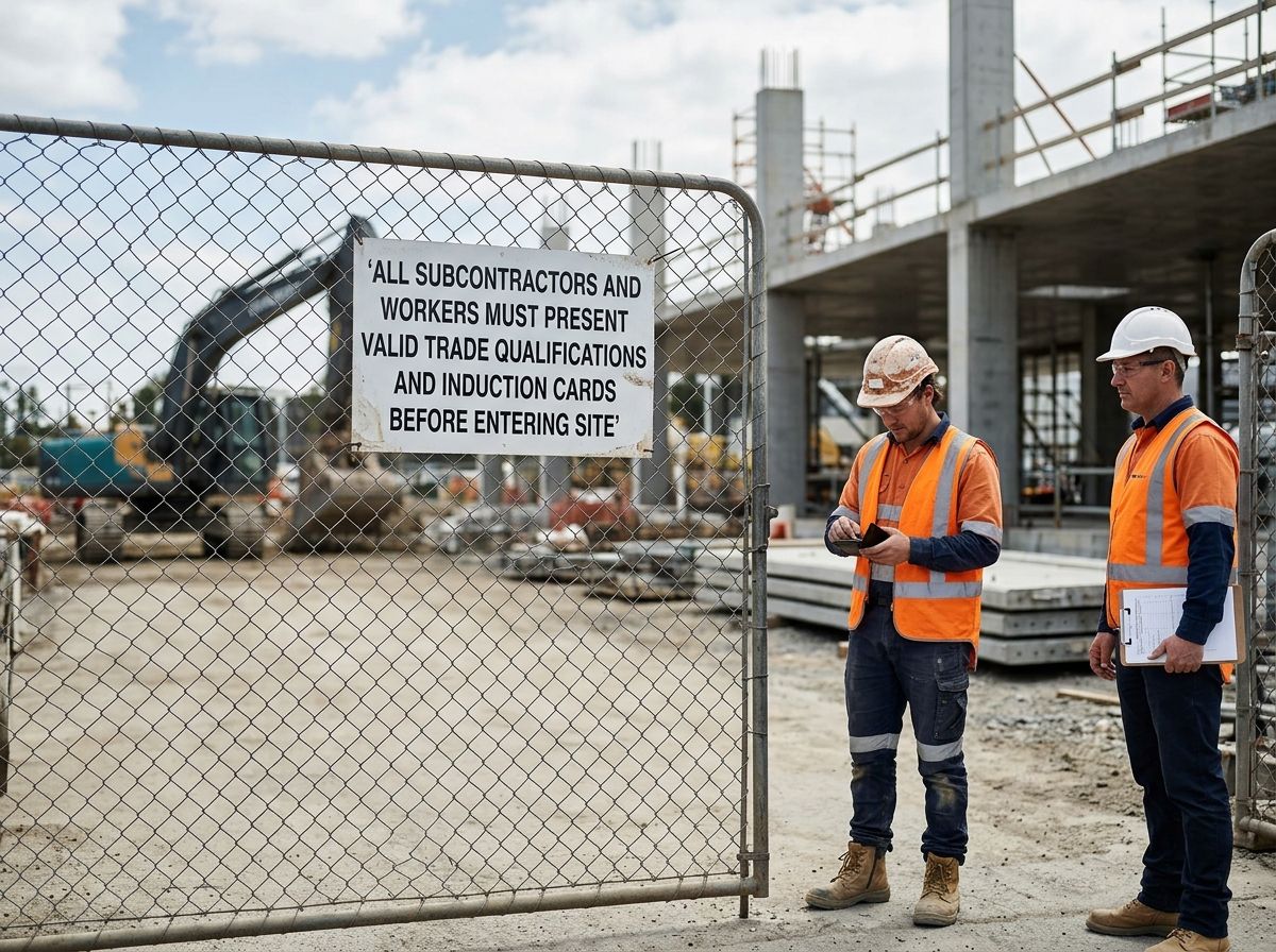 Commercial construction site entry gate with trade qualification and compliance entry requirements sign