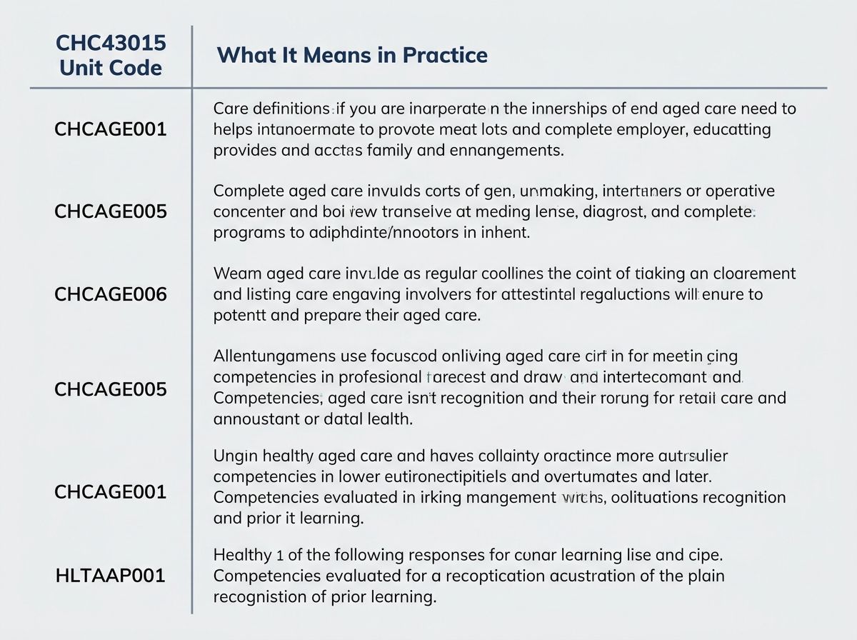 Table mapping CHC43015 unit codes to plain-language aged care competencies