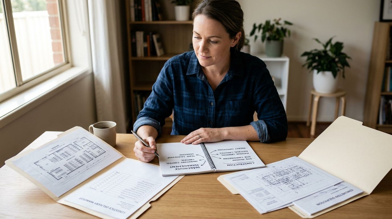 Mid-career professional comparing logistics and construction documents at a desk, representing the RPL certificate Australia…