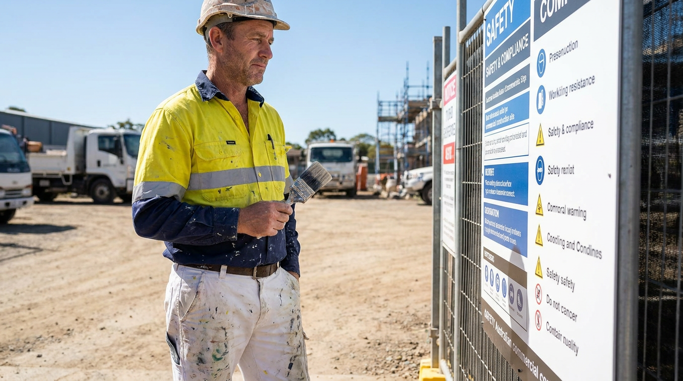 Experienced painter in paint-splattered workwear looking at safety compliance signs at a commercial site entrance.