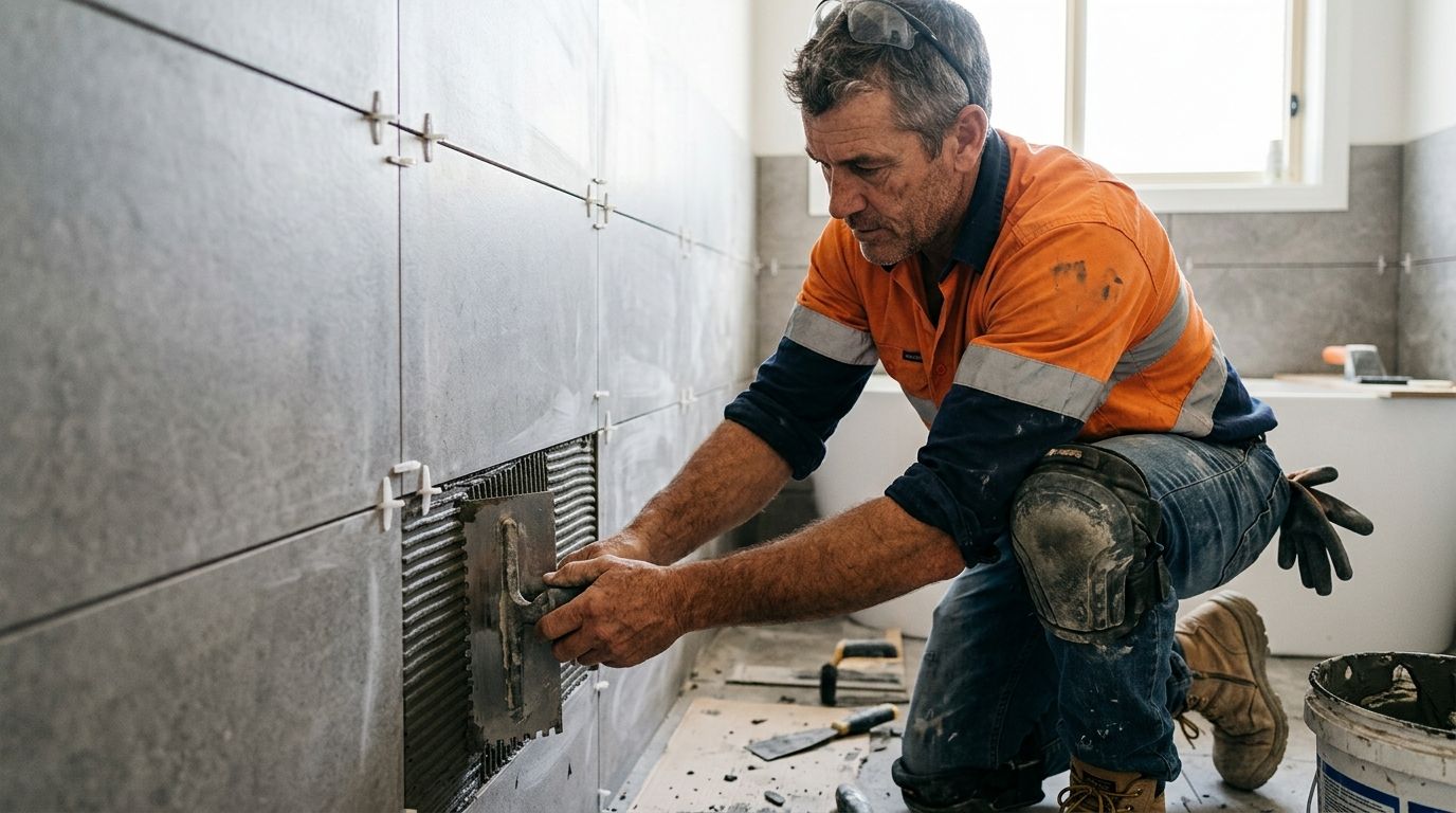 Experienced tiler precisely applying adhesive for a large-format tile installation, demonstrating professional competence.