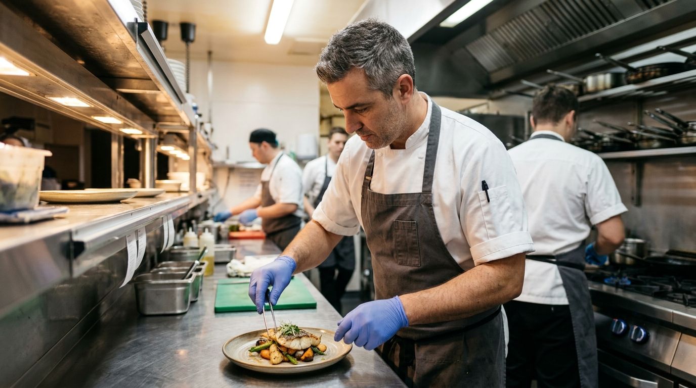 Experienced chef plating a dish in a professional Australian commercial kitchen