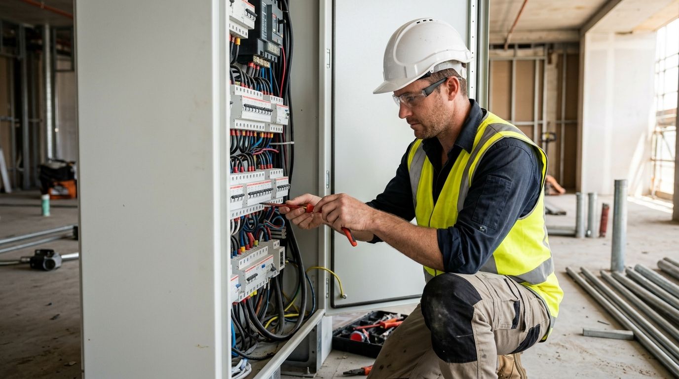 Experienced electrician working on a commercial switchboard — UEE30820 RPL pathway