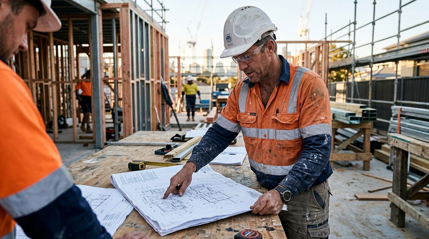 Experienced NSW construction worker reviewing site plans on a residential building site