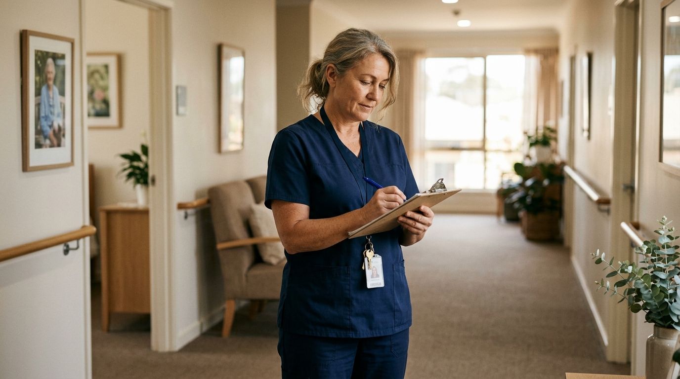 Experienced Australian aged care worker standing in a residential care facility corridor.