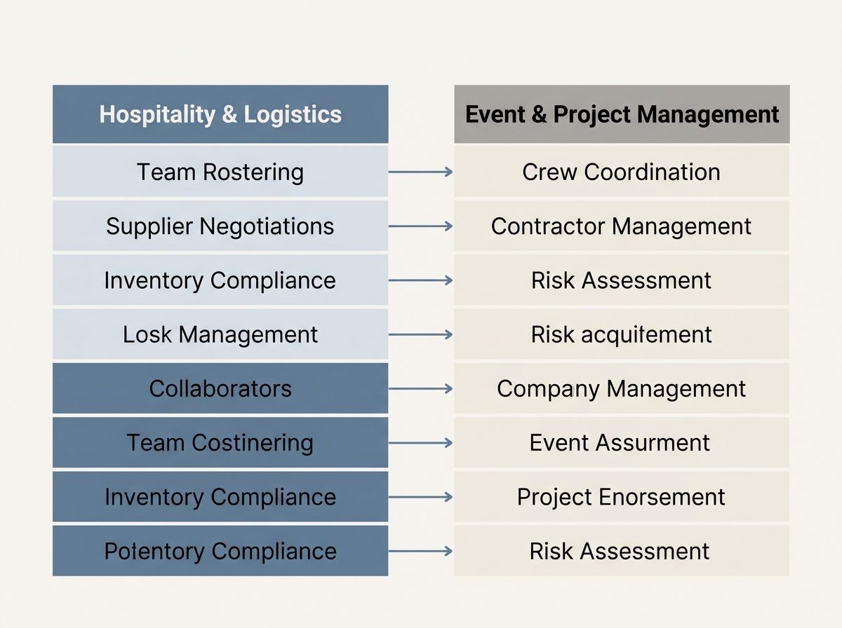 Comparison diagram showing how transferable skills like team rostering translate into project management terms.