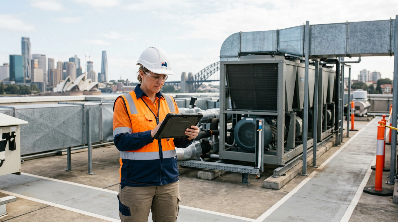 A site manager reviews compliance documents on a commercial HVAC installation site in NSW.