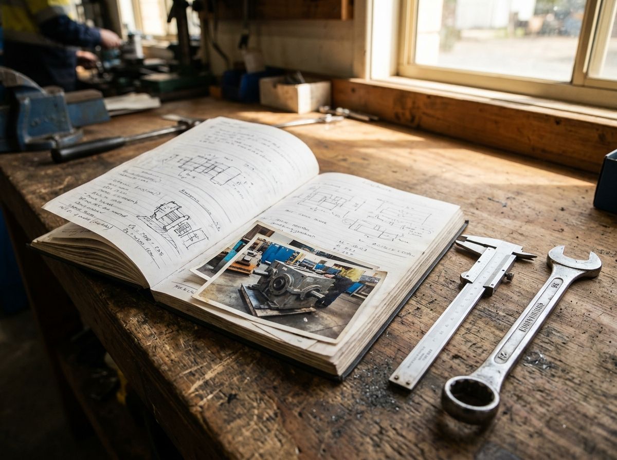 Mechanical fitter logbook and vernier caliper on a workbench, showing evidence for RPL assessment.