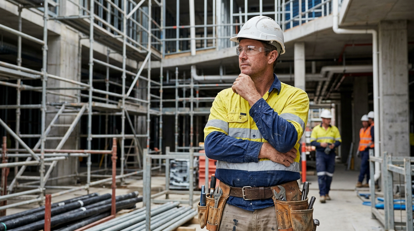Experienced Australian plumber on commercial construction site looking reflective