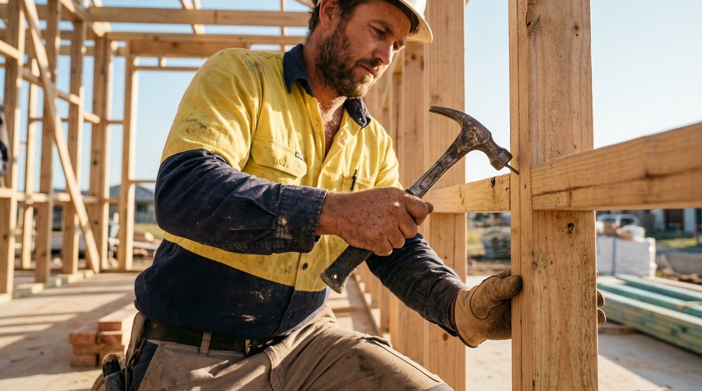 Skilled Queensland tradesperson working on a timber frame on an active building site