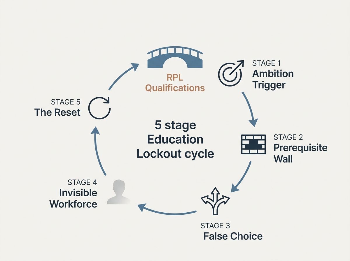 Diagram of the 5-stage Education Lockout cycle Australian professionals face when seeking further qualifications, with RPL q…